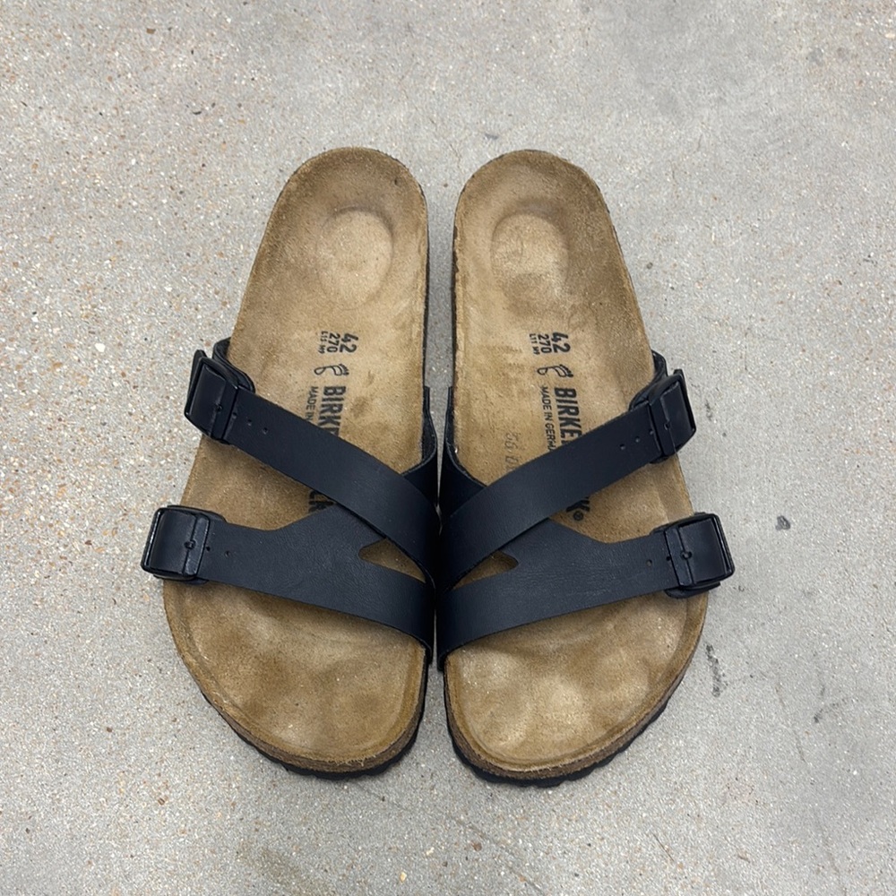 Birkenstock Black and Tan Cross-Strap Sandals